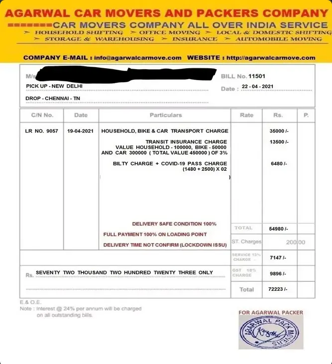 fake Agarwal packers and movers bill