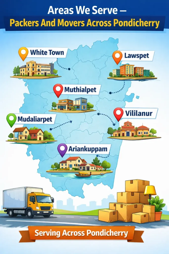 Areas we serve – packers and movers across Pondicherry including White Town, Lawspet, Muthialpet, Mudaliarpet, Ariankuppam and Villianur